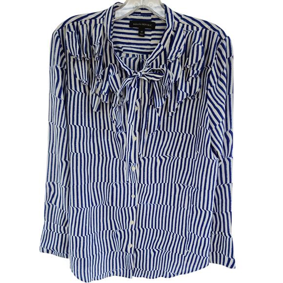 Banana Republic Elise Flutter Striped Blouse Medium Royal Blue Tie Neck Nautical - Picture 1 of 7